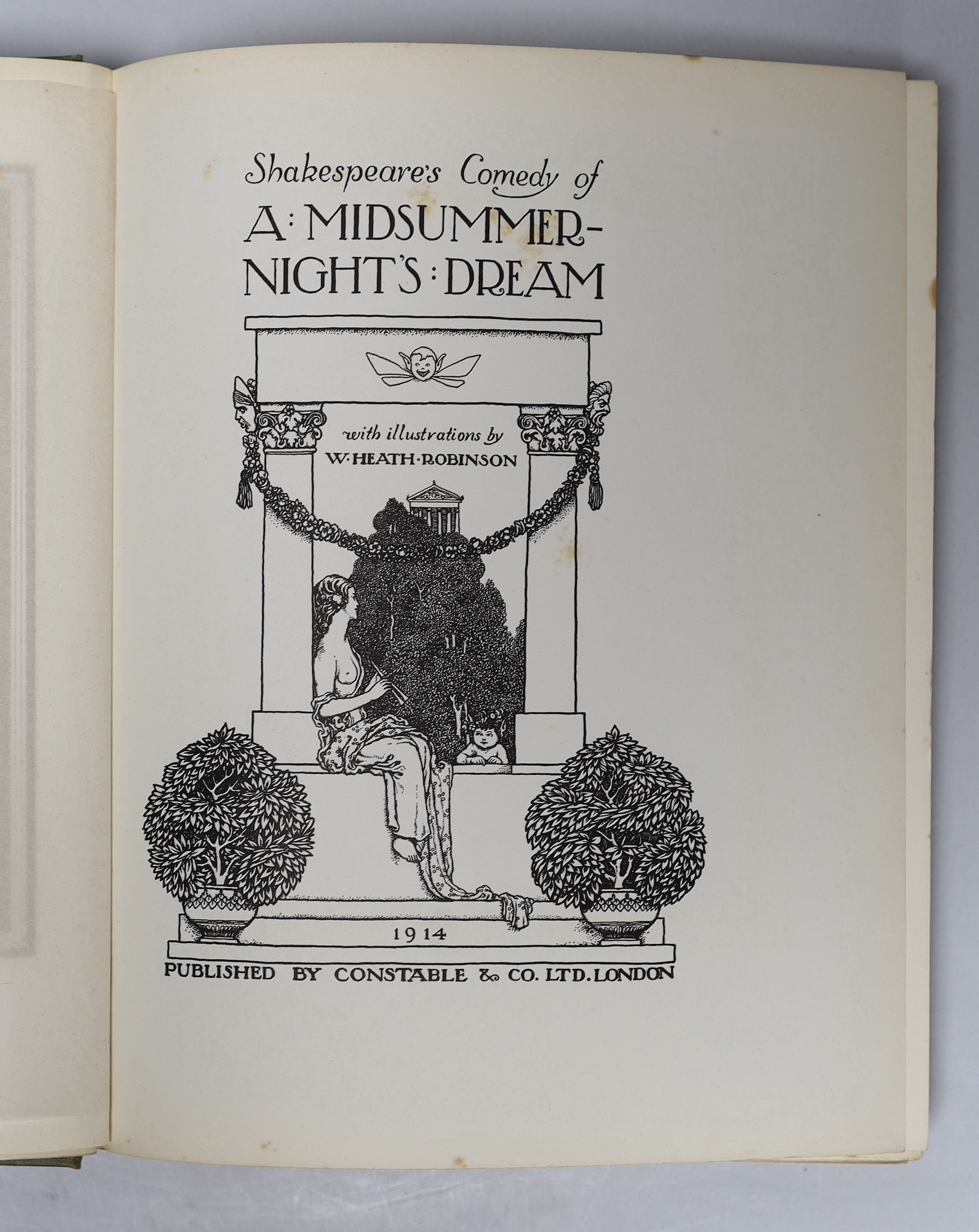 Shakespeare, William - A Midsummer-Night’s Dream, illustrated by W. Heath Robinson, 1st trade edition, 4to, original publishers light green pictorial boards, with 12 tissue-guarded tipped-in colour plates and 32 black an